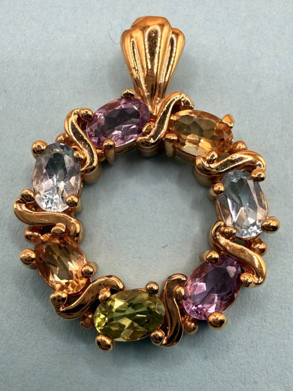 Gold Gem Stone Round Wreath Vintage Pendant Charm Amethyst Topaz Peridot Citrine